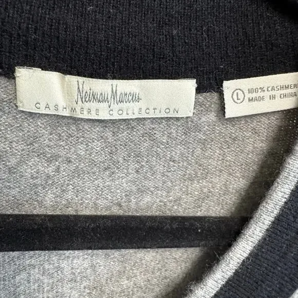 Neiman Marcus Cashmere Grey Black Trim Cardigan Sweater Feminist Luxury Womens L - Picture 8 of 9